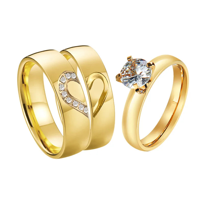 Proposal Wedding Engagement Rings Set for Men and Women Golden Heart Lovers Alliance 3Pcs Promise Couple Ring Marriage