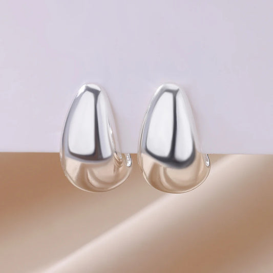 Stainless Steel Silver Plated Chunky Dome Water Drop Earring for Women Vintage Glossy Thick Teardrop Hoops Earrings Jewelry Gift