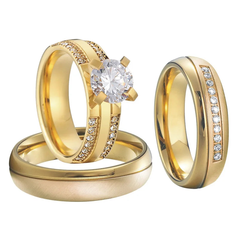 Proposal Wedding Engagement Rings Set for Men and Women Golden Heart Lovers Alliance 3Pcs Promise Couple Ring Marriage