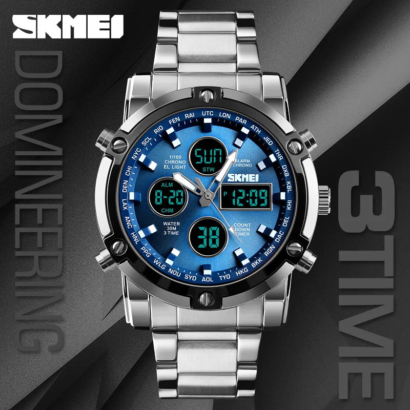 Fashion Men'S Wristwatch  Watch Sport Digital Bracelet 3 Time Countdown Mens Clock Stainless Steel Watches Male Business