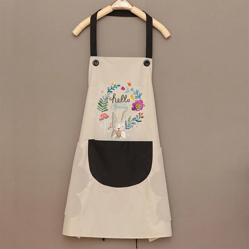 Cartoon Bunny Kitchen Aprons Women Sleeveless Halter Neck Overalls Waterproof Oil-Proof Hand-Wiping Advertising Cook Apron Dress