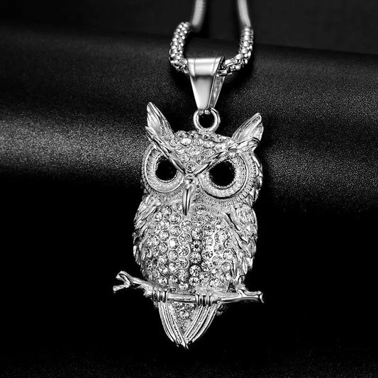 Stainless Steel Titanium Animal Owl Luxury Zircon Hip Hop Pendant Collar Chains Necklace for Men Women Couple Gift Jewel