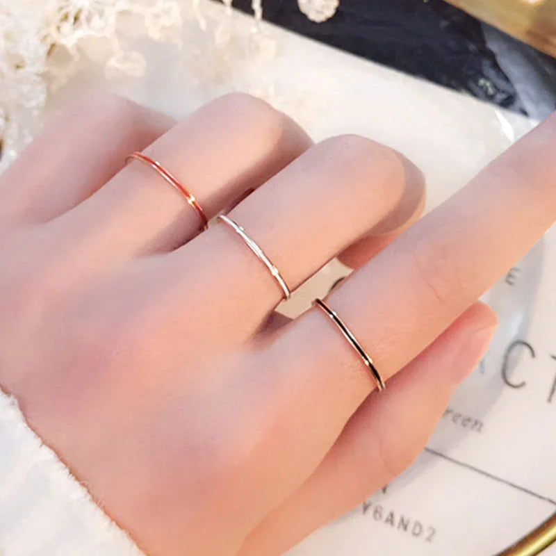 1Mm Small Mini Rose Gold Color Stainless Steel Simple Enamel Women Rings Fashion Jewelry US Size 3 4 5 6 7 8 9 10