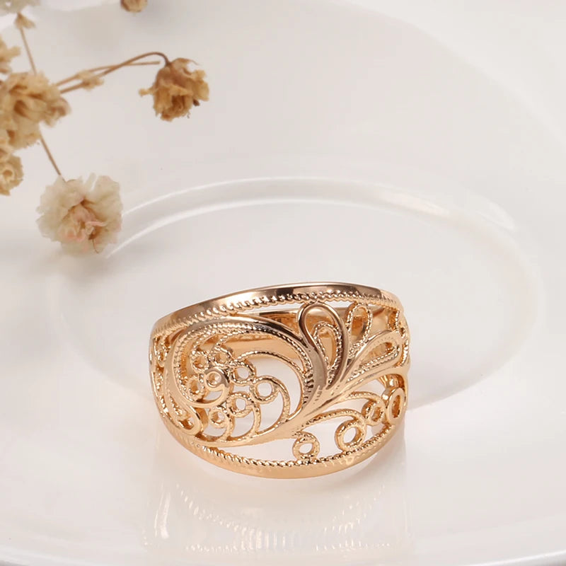 Hot Trendy Unique Women Rings 585 Rose Gold Hollow Pattern Romantic Wedding Rings Unusual Fashion Jewelry Party Gift