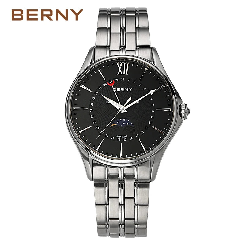 Men Watch Luxury Stainless Steel Moon Phase Wristwatch Waterproof Sports Simple Dial Calendar Miyota Quartz Watches for Men 2022