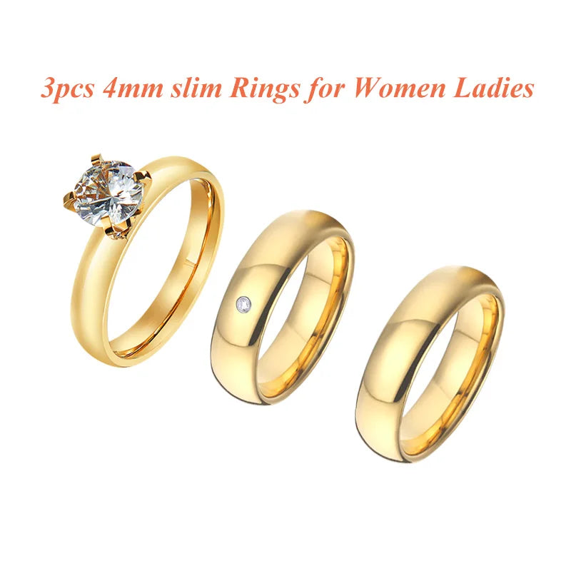 24K Gold Filled 316L Stainless Steel Jewelry Cz Diamond Wedding Rings Sets for Women Girls Ladies Engagement Statement Gifts