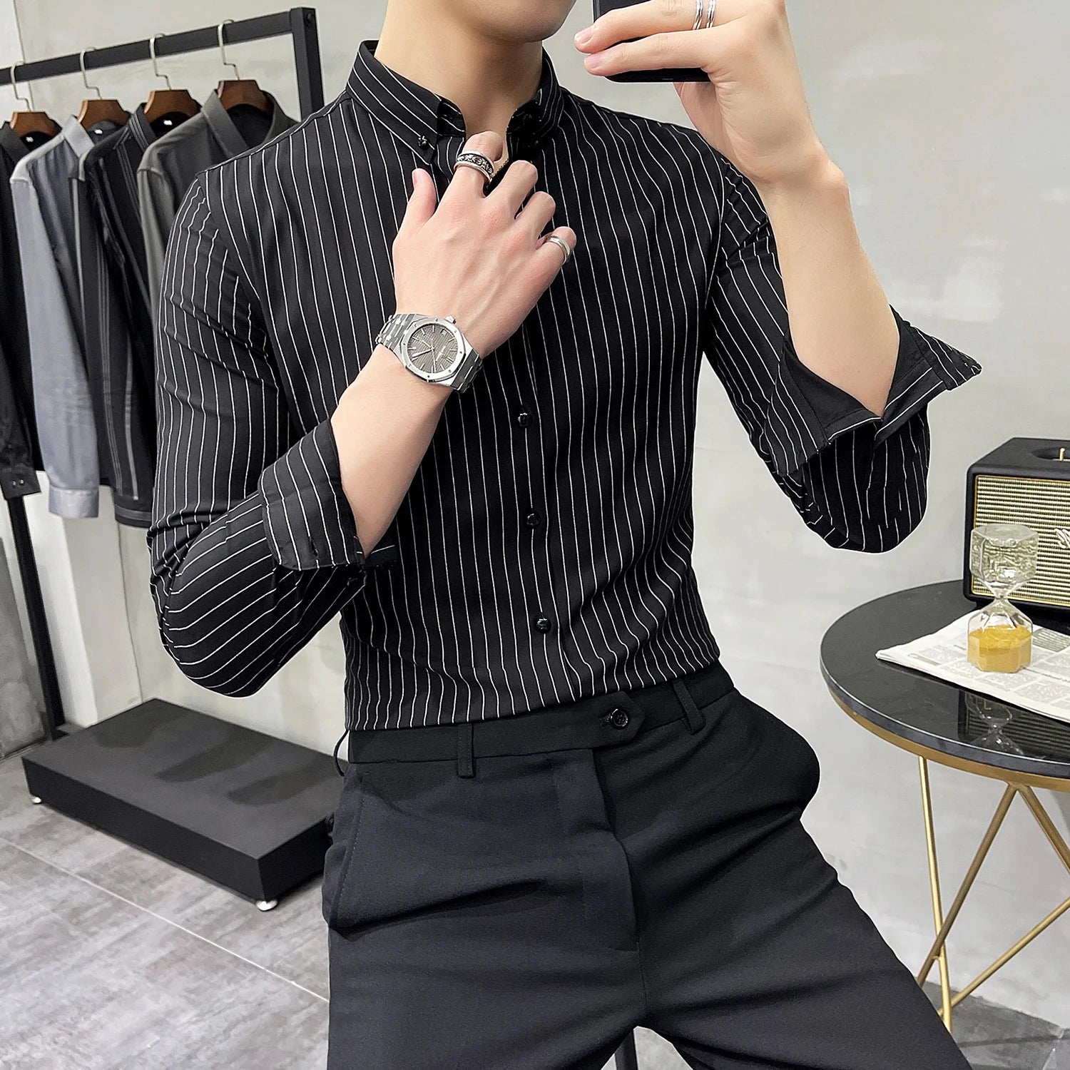 British Style Striped Shirts Mens Long Sleeve Business Formal Dress Shirt Casual Slim Fit Shirt Streetwear Social Party Clothing