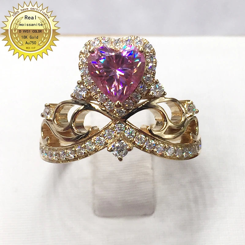 100% 18K Gold 1Ct Pink Moissanite Diamond Ring D Color VVS with National Certificate 001