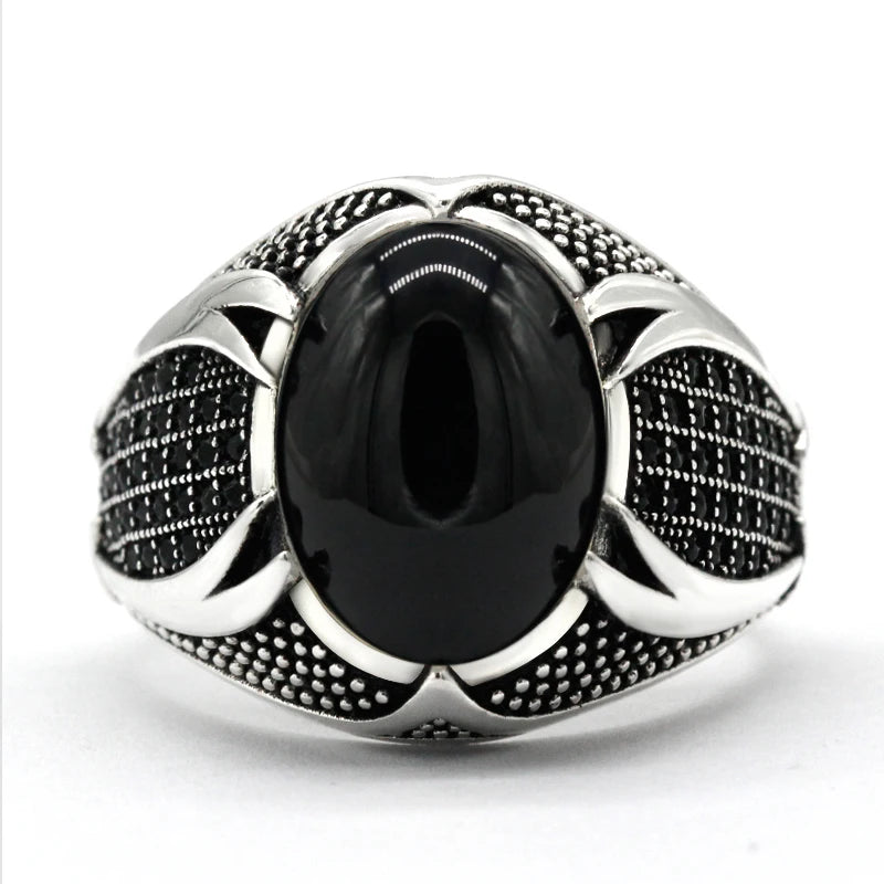 925 Silver Men'S Ring Turkey Inlaid Natural Black Agate Ring with CZ Muslim Religious High Jewelry Gift