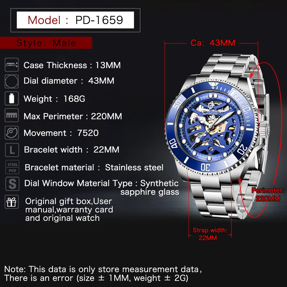 Skeleto Mechanical Wristwatche Luxury Brand Fashion Automatic Watch Men Sapphire Glass Clock Watch Original PD1659