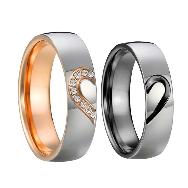 Western Love Heart Proposal Wedding Rings Couple Set for Men and Women 1 Pair 18K Rose Gold Plated Stainless Steel Jewelry