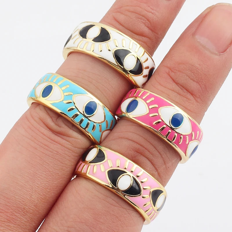 Colorful Enamel Cute Turkish Evil Eye Open Ring for Women Adjustable Gold Plated Eternity Band Finger Ring Jewelry Drop Shipping