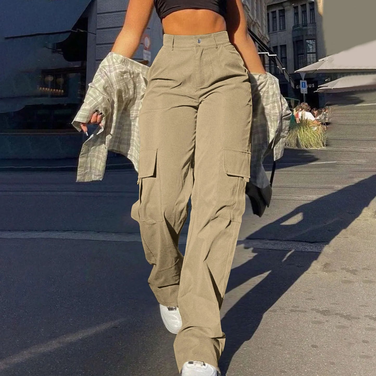 2024 Trendy Women Wide Leg Cargo Pants Street Vibes Flap Pockets Drawstring Ruched High Waist Parachute Women Pants