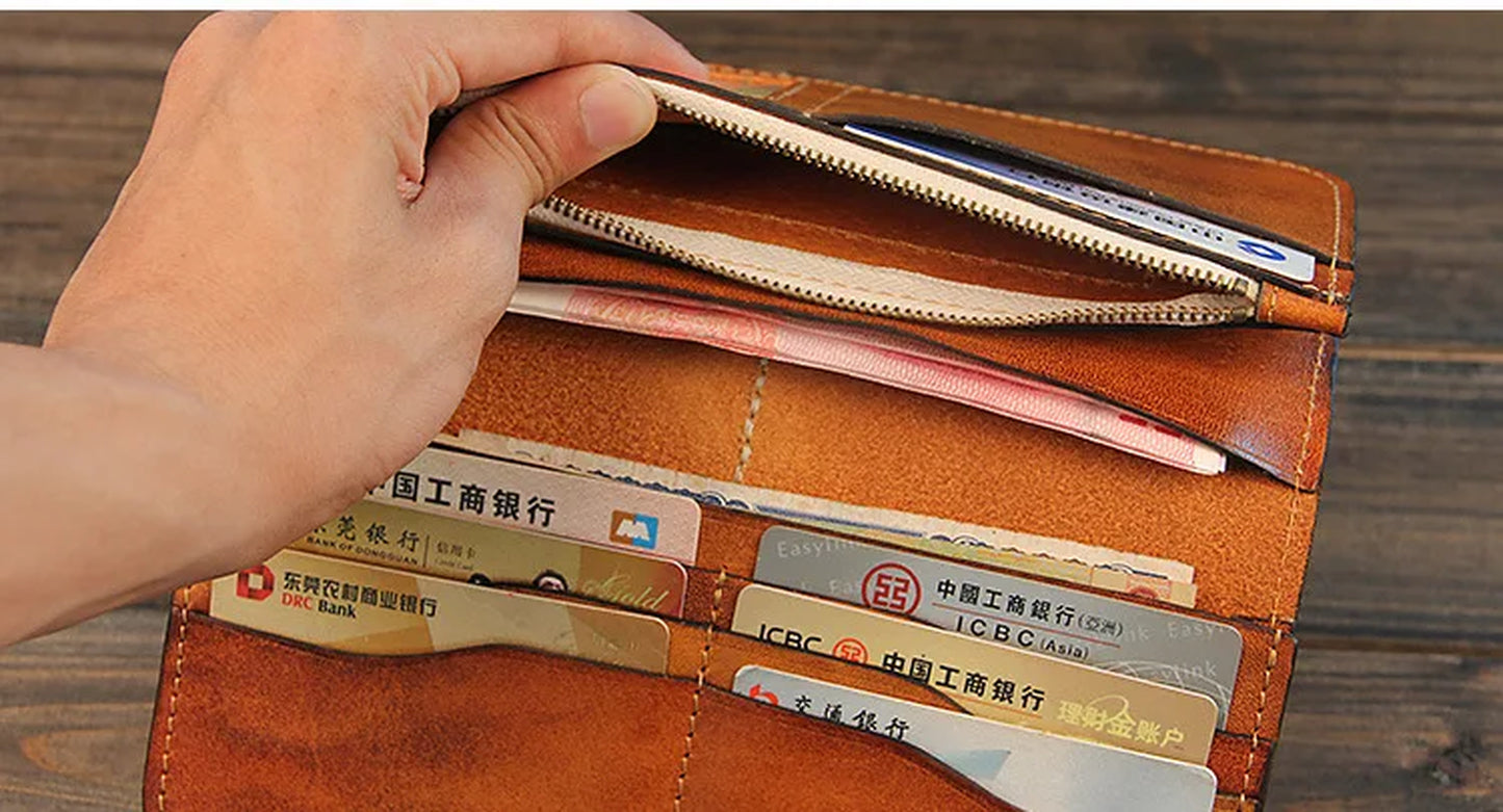 Luxury Handmade Men Genuine Leather Wallet Men Purse Women Leather Long Wallet Clutch Bag Male Purse Money Bag