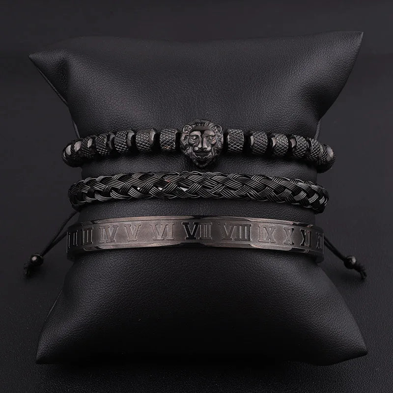 High Quality Luxury Stainless Steel Roman Bangle Lion Charm Men Jewelry Handmade Braided Macrame Bracelets Male Gift