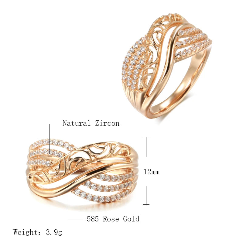 Hot Luxury 585 Rose Gold Ethnic Bride Wedding Ring Hollow Flower Natural Zircon Women Rings Trend Daily Vintage Jewelry