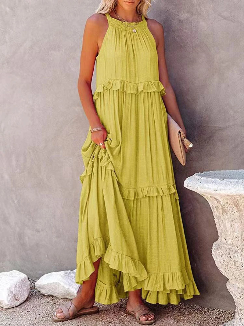 Oversize Solid Long Dress Women Summer Female Casual Ruffle Pullover Beach Dresses Ladies Elegant Hollow Tie-Up Party Dress