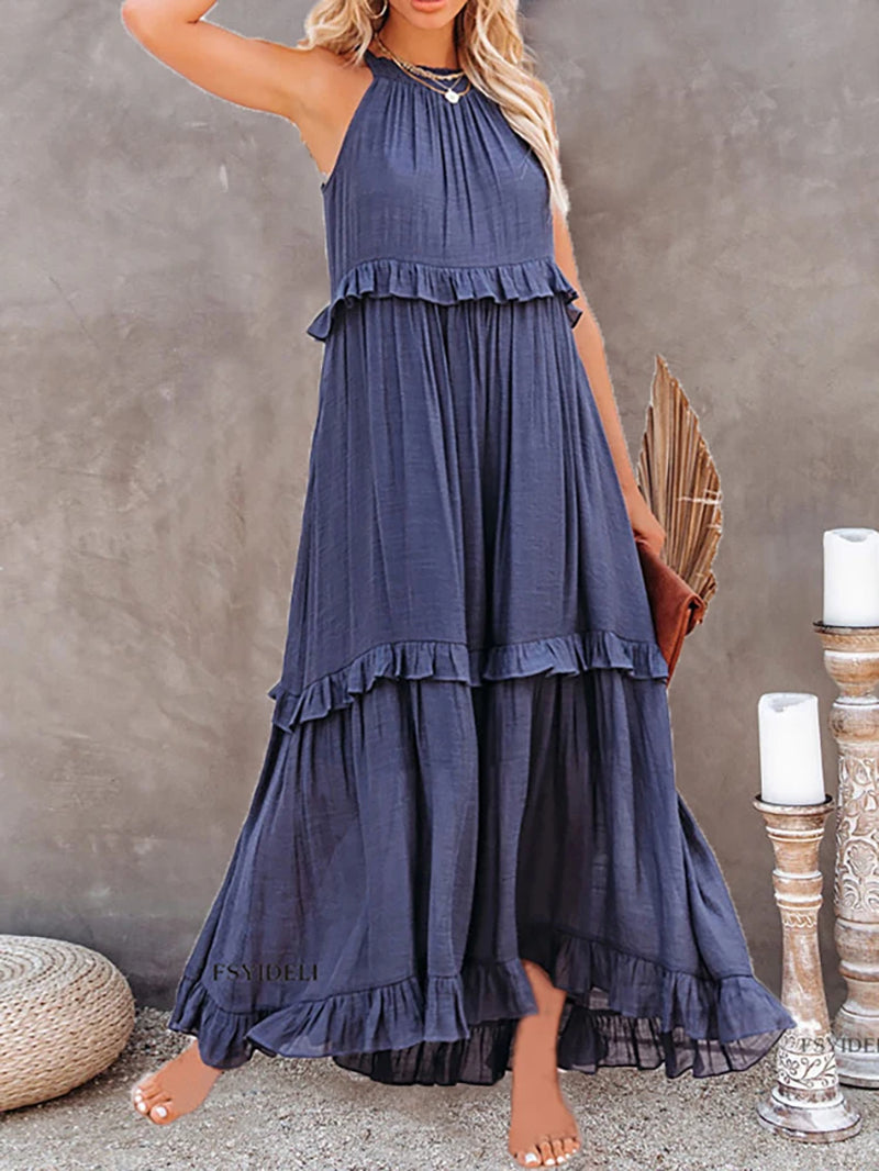 Oversize Solid Long Dress Women Summer Female Casual Ruffle Pullover Beach Dresses Ladies Elegant Hollow Tie-Up Party Dress