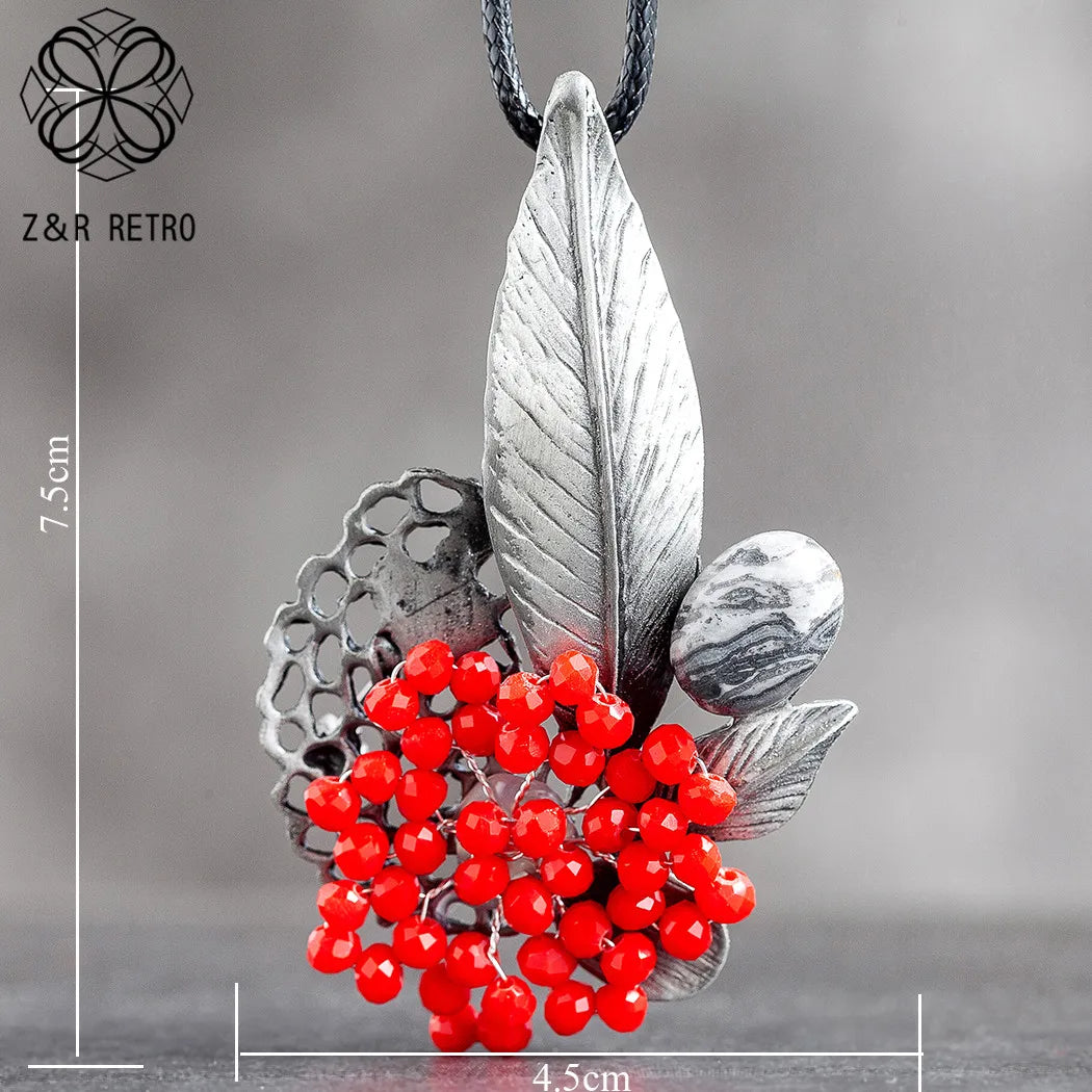 Jewelry Red Crystal Beads Flower Pendant Long Necklace for Women Vintage Plant Suspension Goth Chains Choker Wholesale Jewellery