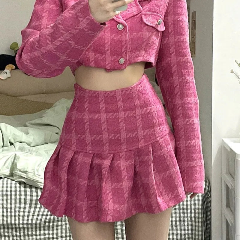 Sexy Ladies Plaid Short Cropped Top High Waist Mini Skirt Two Piece Set Slim Fit Clubwear Party Outfit High Street Matching Sets