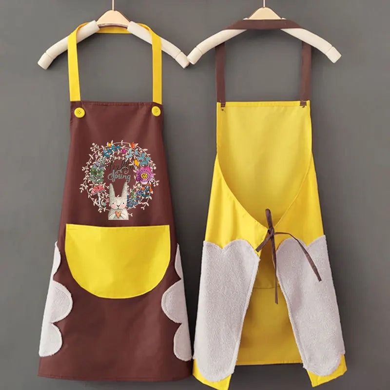 Cartoon Bunny Kitchen Aprons Women Sleeveless Halter Neck Overalls Waterproof Oil-Proof Hand-Wiping Advertising Cook Apron Dress