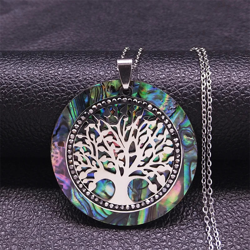 Tree of Life Crystal Stainless Steel Chain Necklaces Women Silver Color Big Necklaces Pendants Jewelry Collar Mujer NXS04