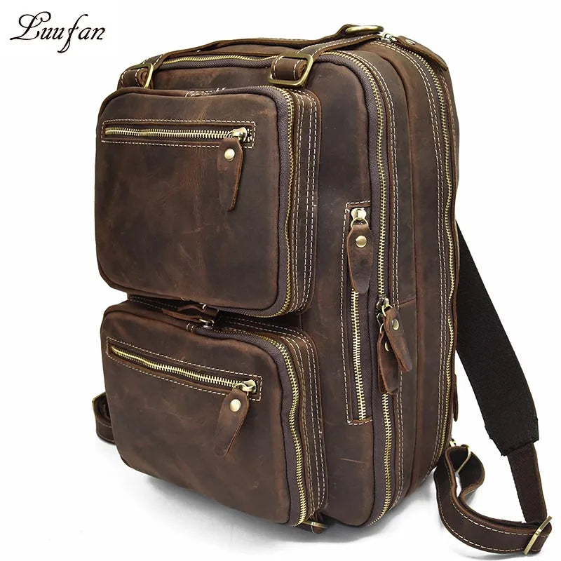 Men Genuine Leather Laptop Backpack 15" PC Crazy Horse Leather Business Bag 3 Use Cow Leather Shoulder Bags 3 Layer Work Tote