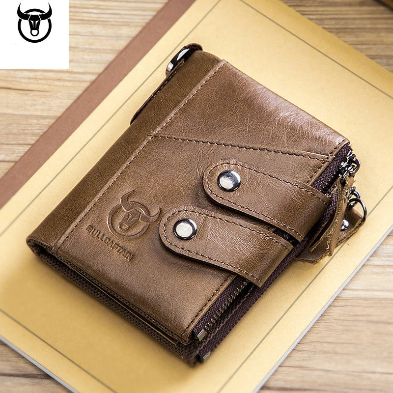 Quality Genuine Leather Men Wallet Brand Zipper Man Purse Vintage Cow Leather Male Card Coin Bag with Iron Chain