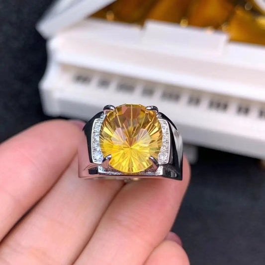 Yellow Gem Ring Crackling Bright Yellow Citrine Ring Men Jewelry Big Size Natural Gem Good Cut Birthday Party Anniversary Gift