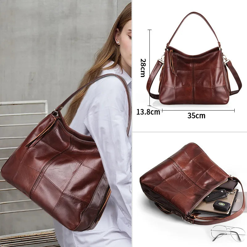 New Designer Genuine Leather Elegant Women Shoulder Crossbody Bag Classic Patchwork Large Casual Handbag Ladies Top Handle Tote