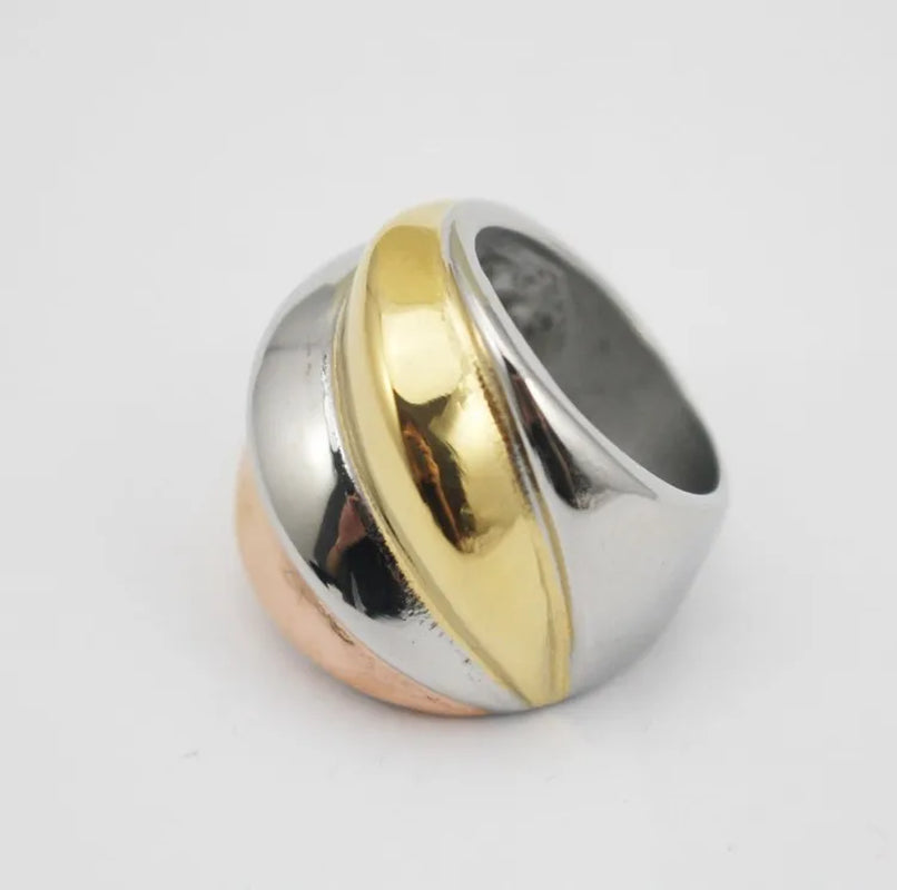 Stainless Steel 3 Color Rings Women Fashion Jewelry Golden Silver Color Rose Golden Unique Cocktail Party Ring Size 6 7 8 9