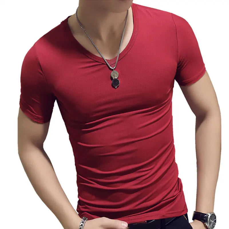 2023 New Top Tees Man T-Shirt Fitness T-Shirts Mens V-Neck Man T-Shirt for Male T-Shirts Summer Casual Gym Solid Color Tops