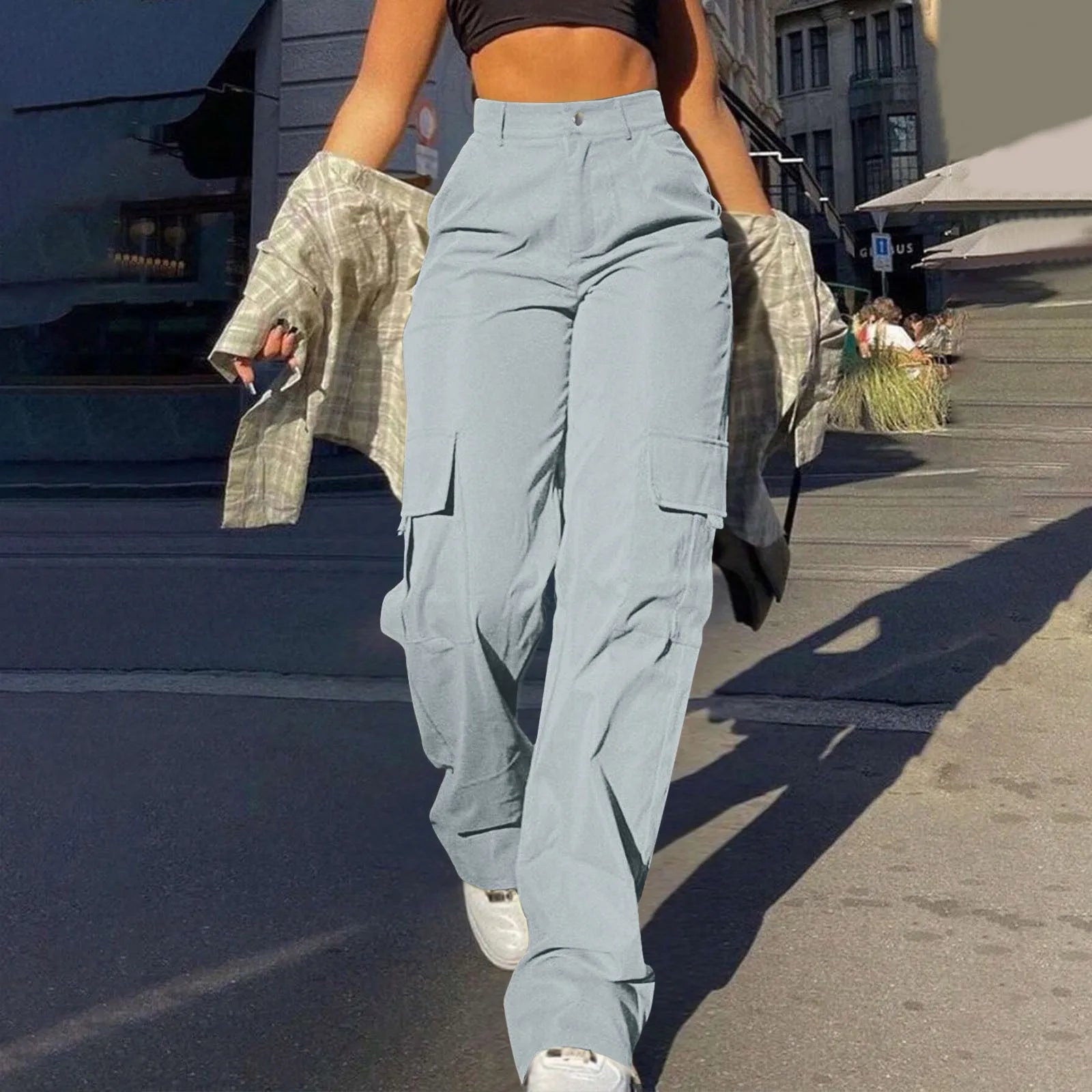 2024 Trendy Women Wide Leg Cargo Pants Street Vibes Flap Pockets Drawstring Ruched High Waist Parachute Women Pants