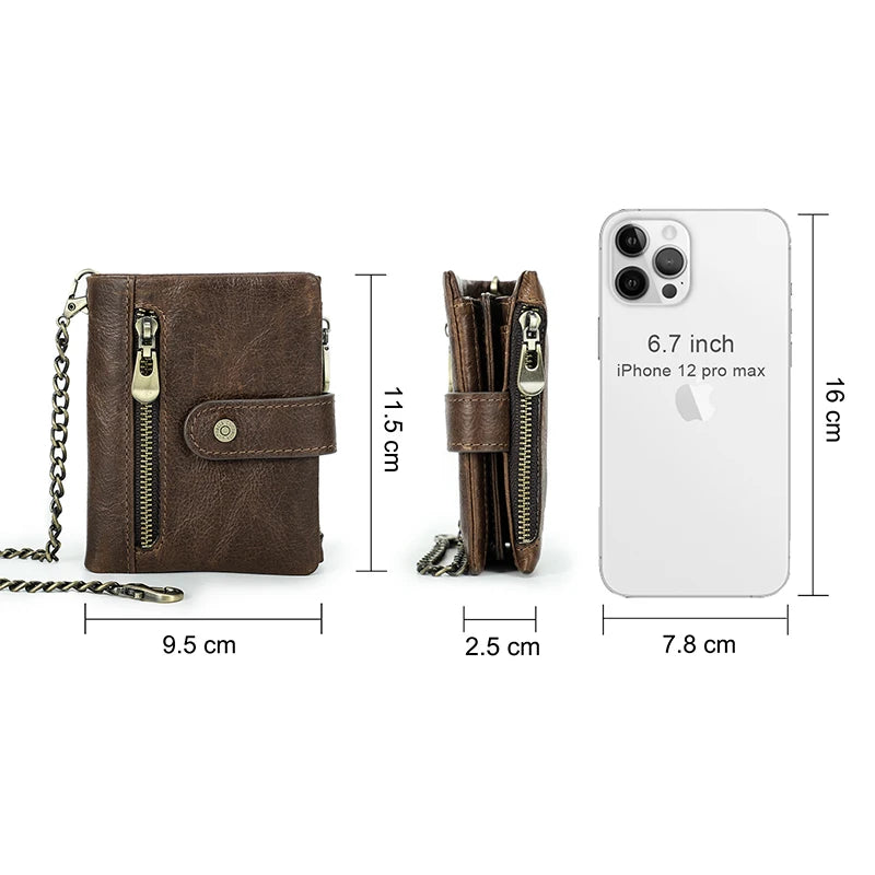 CONTACT'S Genuine Leather Wallets for Men Short Casual Bifold Men Wallet Metal Chain RFID Card Holders Coin Purses Money Clip