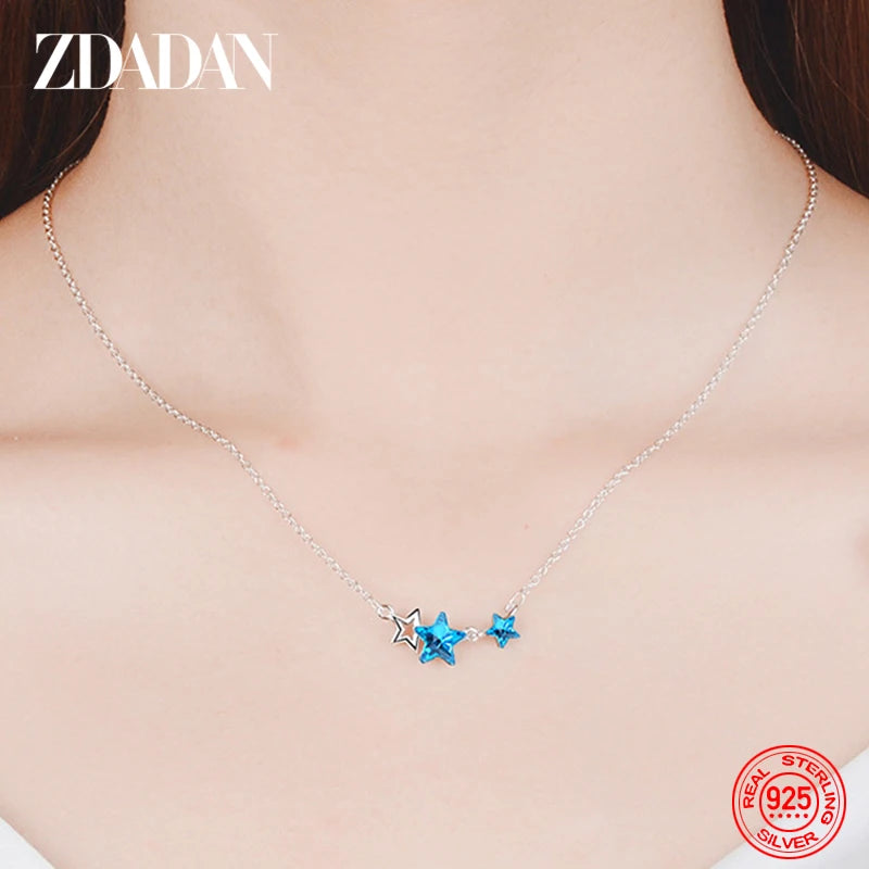 925 Sterling Silver Star Blue Crystal Necklace Chain for Women Fashion Wedding Jewelry