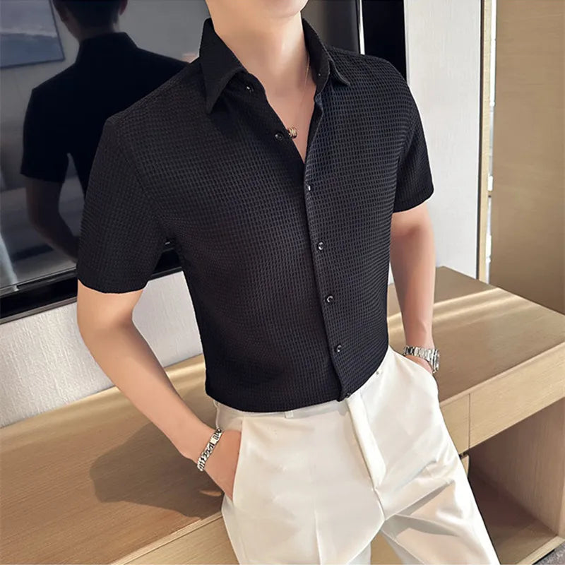 2023 British Style Men Summer High Quality Short-Sleeved Shirt/Male Slim Fit Business Lapel Casual Shirt Sizing up S-4XL