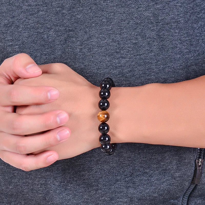 Natural Black Onyx with Tiger Eye Stone Beads Men Jewelry Bracelet 12 Constellation Leo Lovers Energy Balance Bracelet