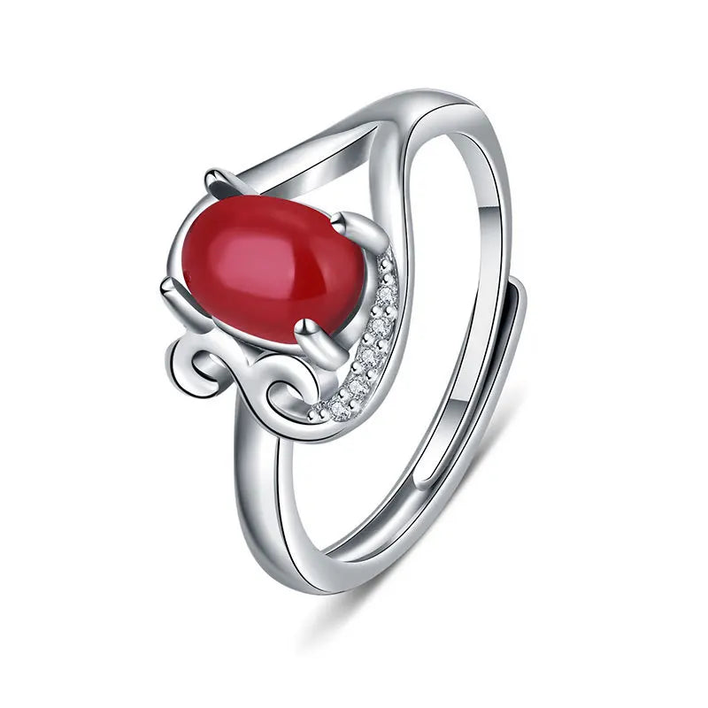 Retro Women Rings 925 Silver Jewelry Wedding Engagement Promise Party Ornaments Oval Shape Red Zircon Gemstone Open Finger Ring