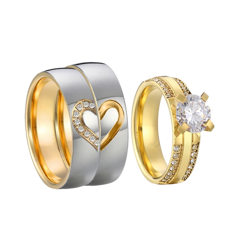 Proposal Wedding Engagement Rings Set for Men and Women Golden Heart Lovers Alliance 3Pcs Promise Couple Ring Marriage