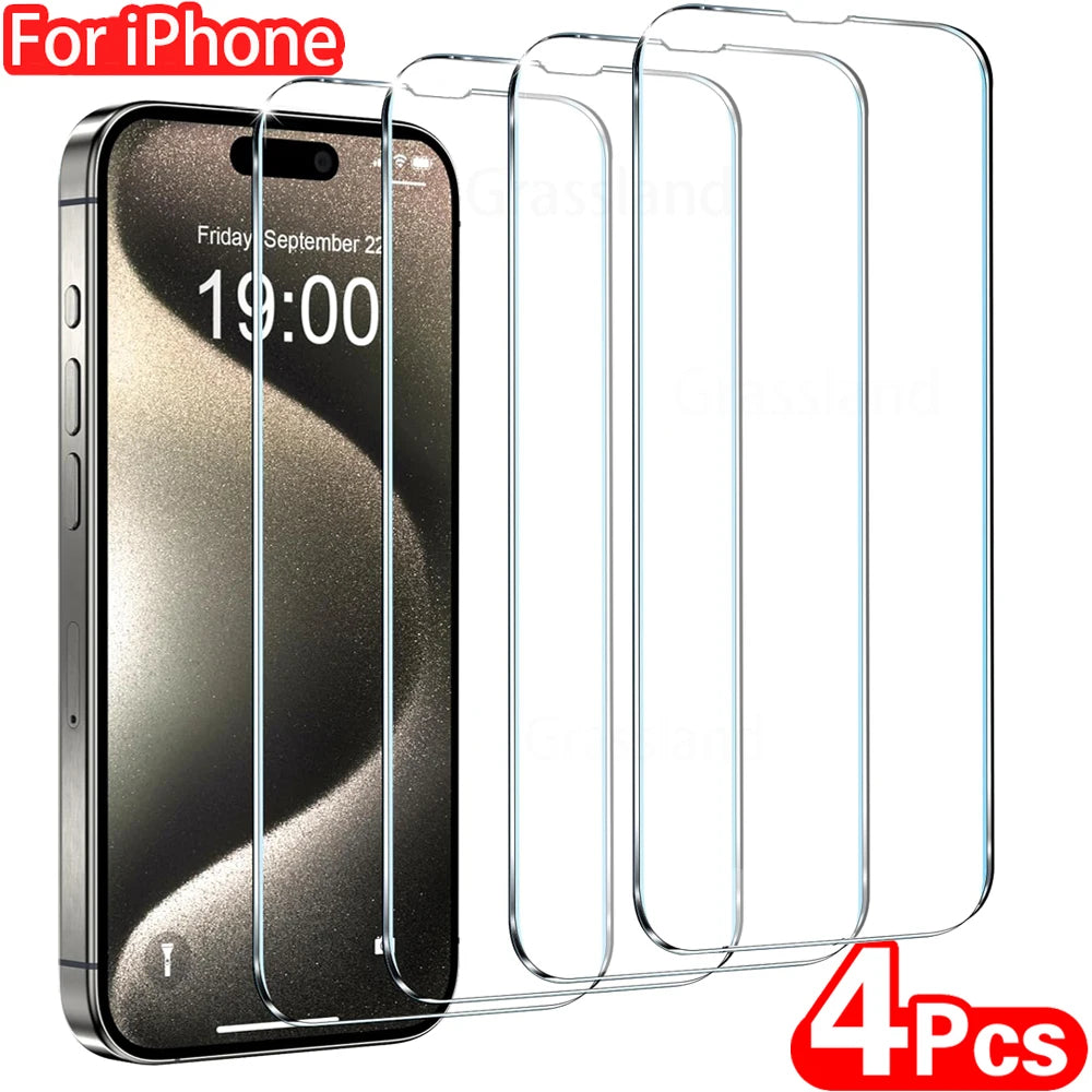 4Pcs Tempered Glass for  15 14 13 12 11 Pro Max Screen Protector for  6 7 8 plus X XS Max XR Protective Glass Film