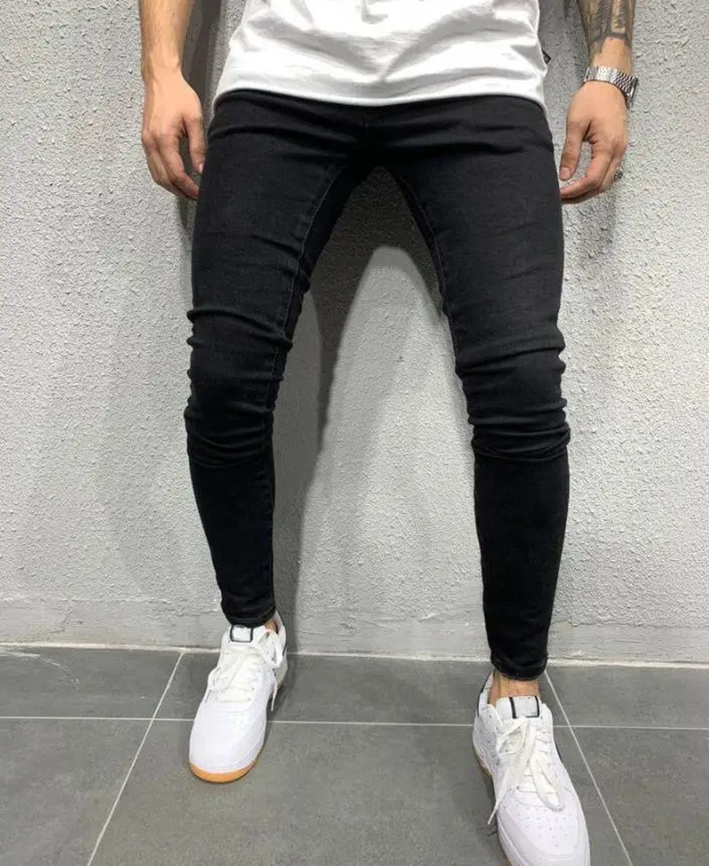 Fashion Street Style Ripped Skinny Jeans Men Vintage Wash Solid Denim Trouser Mens Casual Slim Fit Pencil Denim Pants Hot Sale