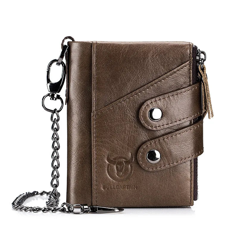 Quality Genuine Leather Men Wallet Brand Zipper Man Purse Vintage Cow Leather Male Card Coin Bag with Iron Chain