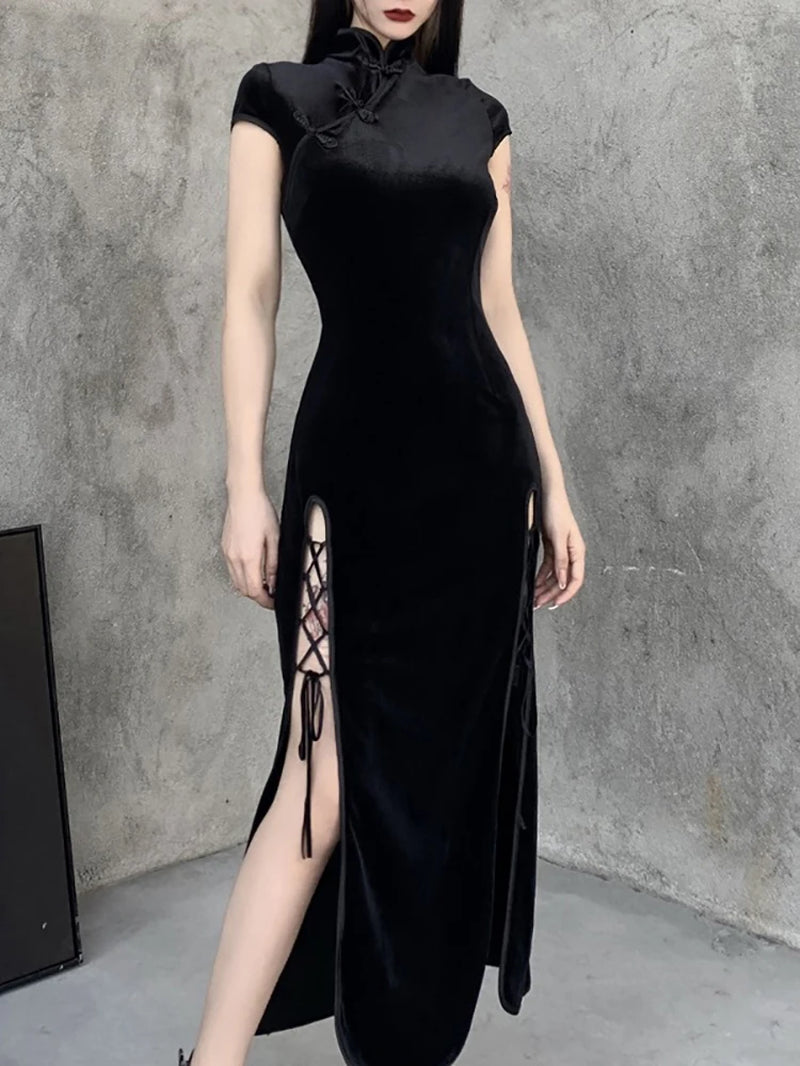 Romantic Gothic Velvet Aesthetic Dresses Vintage Women Black Bandage Slithem Bodycon Dress Sexy Evening Wear Cheongsam