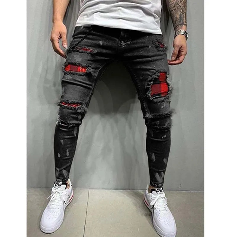 Men'S Ripped Skinny Jeans Patchwork Grid Stretch Casual Denim Pencil Pants Man Fashion Paint Painting Jogging Trousers Male