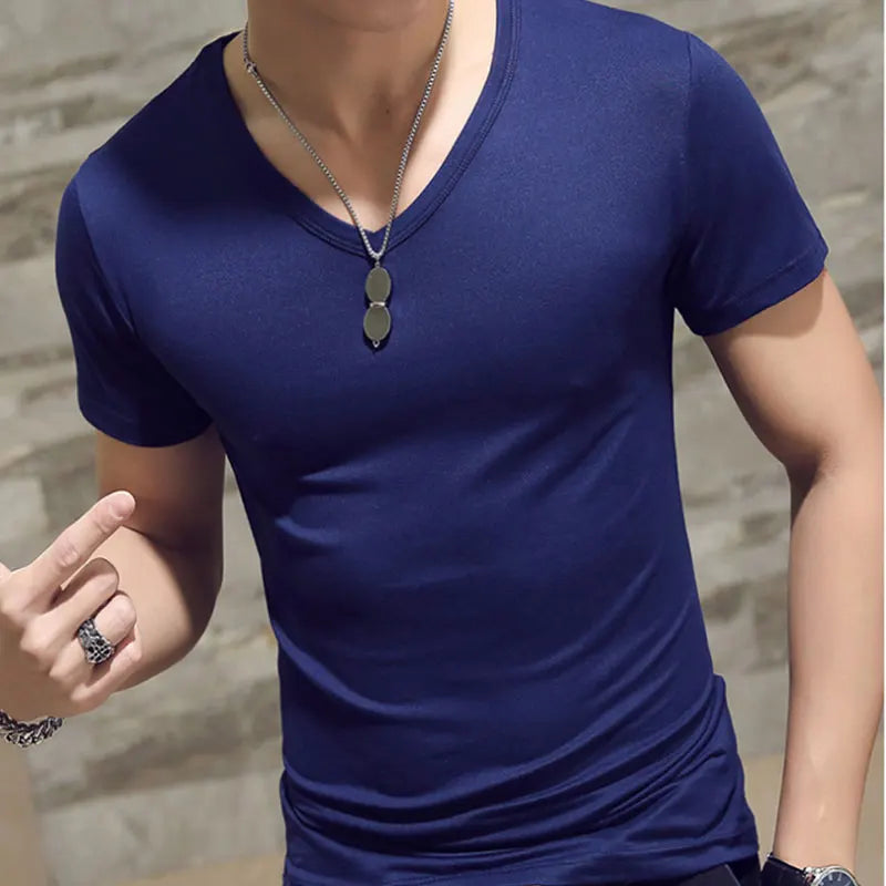 2023 New Top Tees Man T-Shirt Fitness T-Shirts Mens V-Neck Man T-Shirt for Male T-Shirts Summer Casual Gym Solid Color Tops