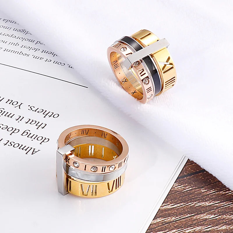 Trendy Shell Stainless Steel Rings for Women Girls Three Layers Roman Numerals Rhinestone Bridal Wedding Women Rings Jewelry