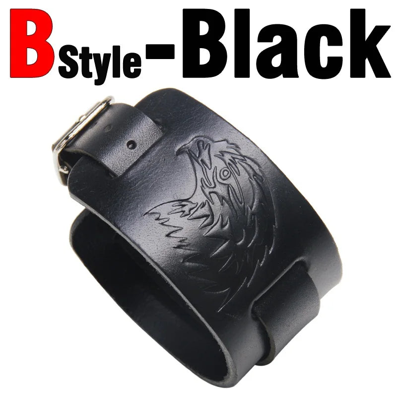 Charm Wide Leather Bracelet Black Brown Men Fashion Embossed Wolf/Eagle/Totem Wristband Bangle Punk Rock Style Jewelry