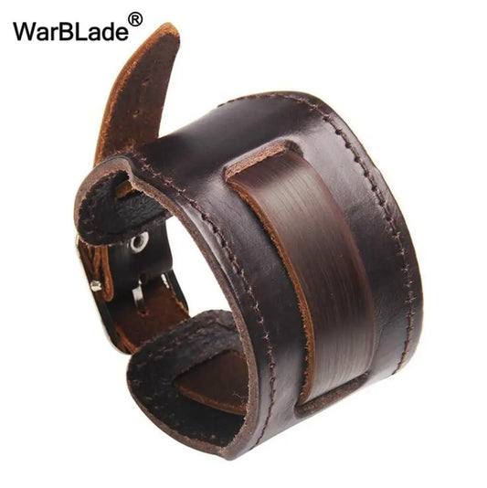 New Fashion Men Wide Genuine Leather Bracelet Brown Wide Cuff Bracelets & Bangles Vintage Punk Wristband Men Jewelry