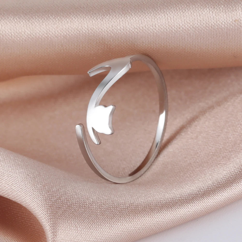 2024 Adjustable Animal Cat Kitten Women Rings Stainless Steel Jewelry Party Birthday Gifts Minimalist Rings Wholesale