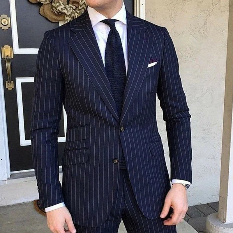 Pinstripe Slim Fit Men Suits for Formal Wedding Tuxedo Notched Lapel 2 Pcs Navy Blue Striped Business Groom Male Fashion